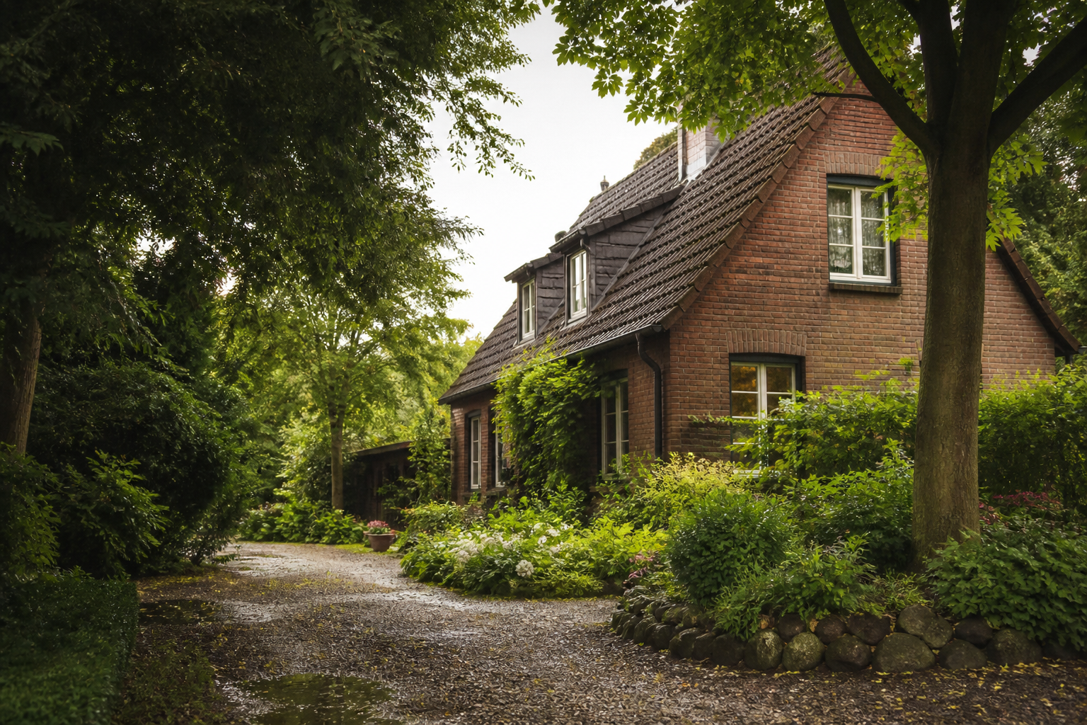 KI-Illustration eines Hauses mit Garten, ohne Darstellung einer Münchner Adresse
